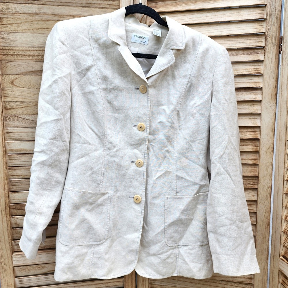 Vtg Preview Collection Sz 12 Beige Linen Button Front Blazer Jacket Minimalist